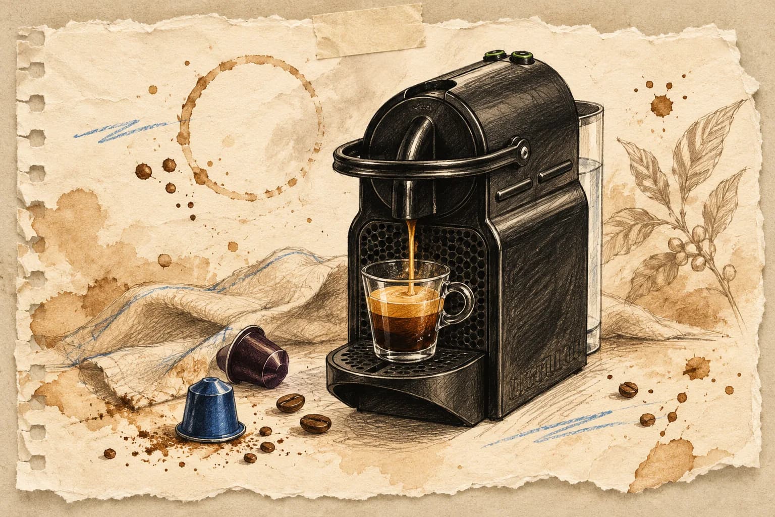 Ilustración a tinta y acuarela de una cafetera Nespresso Inissia negra sirviendo un espresso en una taza de cristal, con cápsulas y granos de café sobre papel de cuaderno