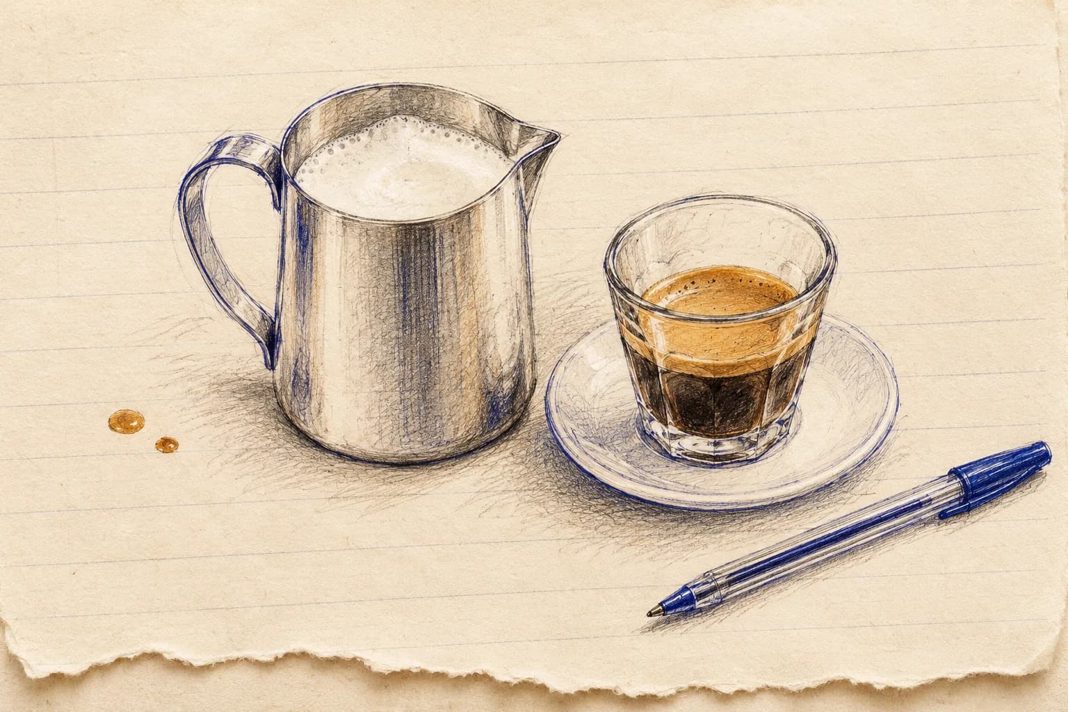 Boceto a lápiz y bolígrafo azul de una jarra de leche espumada junto a un espresso en vaso de cristal