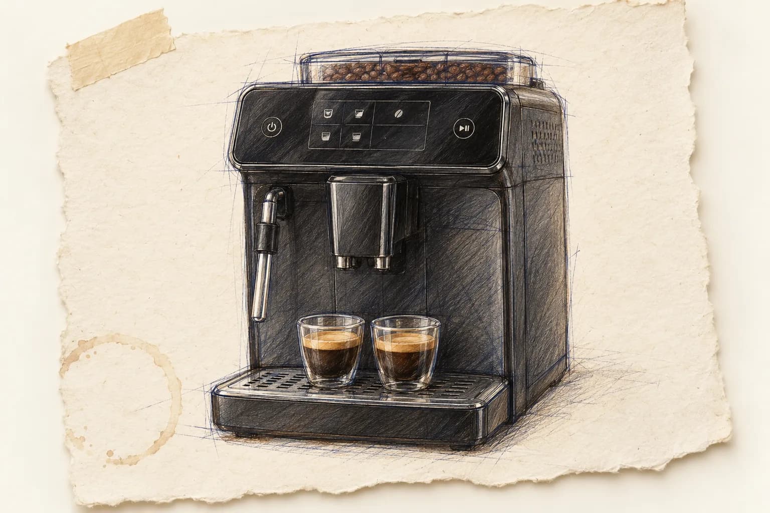 Dibujo a lápiz y bolígrafo de una Philips Serie 2200 negra con espumador manual y dos espressos sobre papel de cuaderno